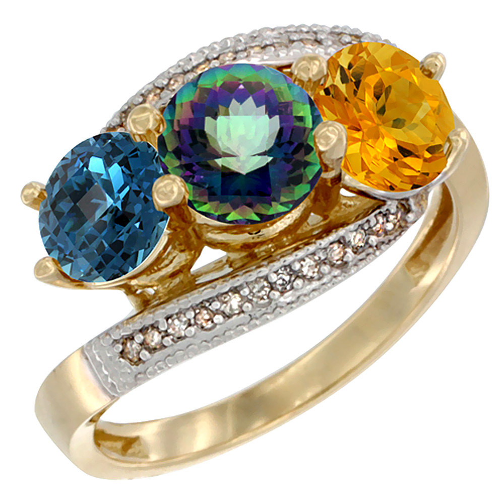 10K Yellow Gold Natural London Blue Topaz, Mystic Topaz & Citrine 3 stone Ring Round 6mm Diamond Accent, sizes 5 - 10