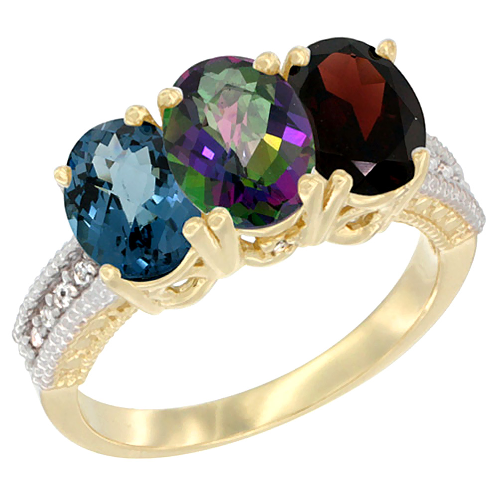 10K Yellow Gold Diamond Natural London Blue Topaz, Mystic Topaz & Garnet Ring 3-Stone Oval 7x5 mm, sizes 5 - 10