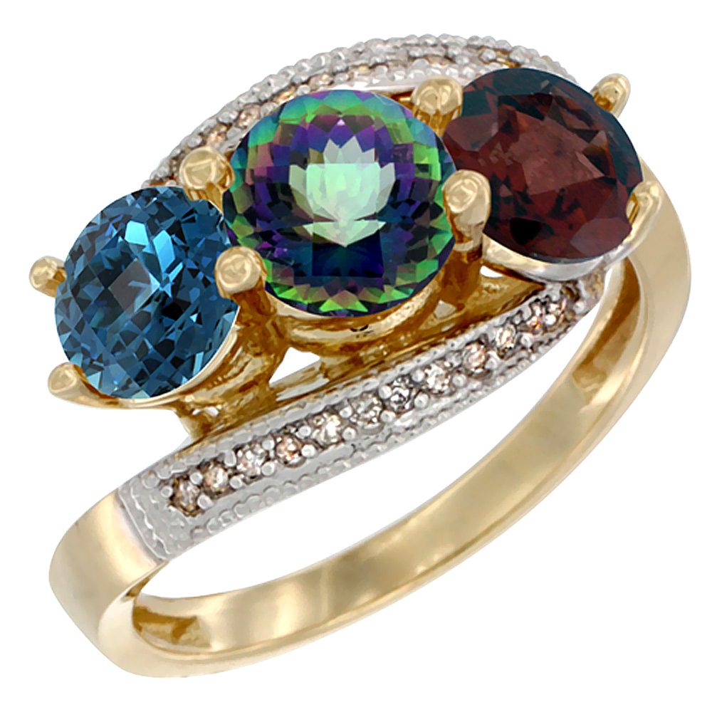 10K Yellow Gold Natural London Blue Topaz, Mystic Topaz & Garnet 3 stone Ring Round 6mm Diamond Accent, sizes 5 - 10