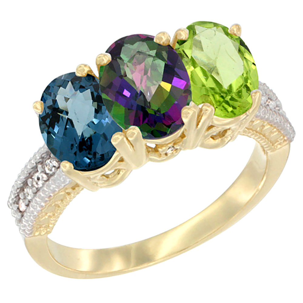 10K Yellow Gold Diamond Natural London Blue Topaz, Mystic Topaz & Peridot Ring 3-Stone Oval 7x5 mm, sizes 5 - 10