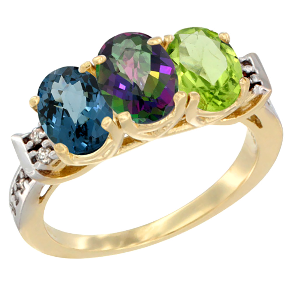 14K Yellow Gold Natural London Blue Topaz, Mystic Topaz &amp; Peridot Ring 3-Stone 7x5 mm Oval Diamond Accent, sizes 5 - 10