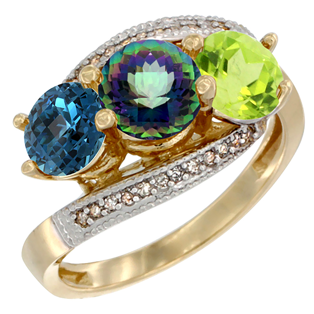 14K Yellow Gold Natural London Blue Topaz, Mystic Topaz &amp; Peridot 3 stone Ring Round 6mm Diamond Accent, sizes 5 - 10