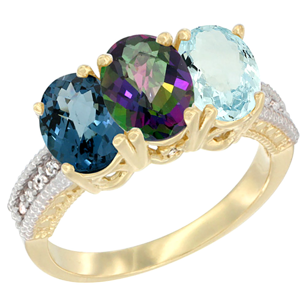 14K Yellow Gold Natural London Blue Topaz, Mystic Topaz &amp; Aquamarine Ring 3-Stone 7x5 mm Oval Diamond Accent, sizes 5 - 10