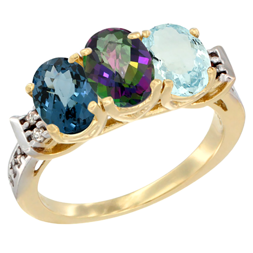 14K Yellow Gold Natural London Blue Topaz, Mystic Topaz &amp; Aquamarine Ring 3-Stone 7x5 mm Oval Diamond Accent, sizes 5 - 10