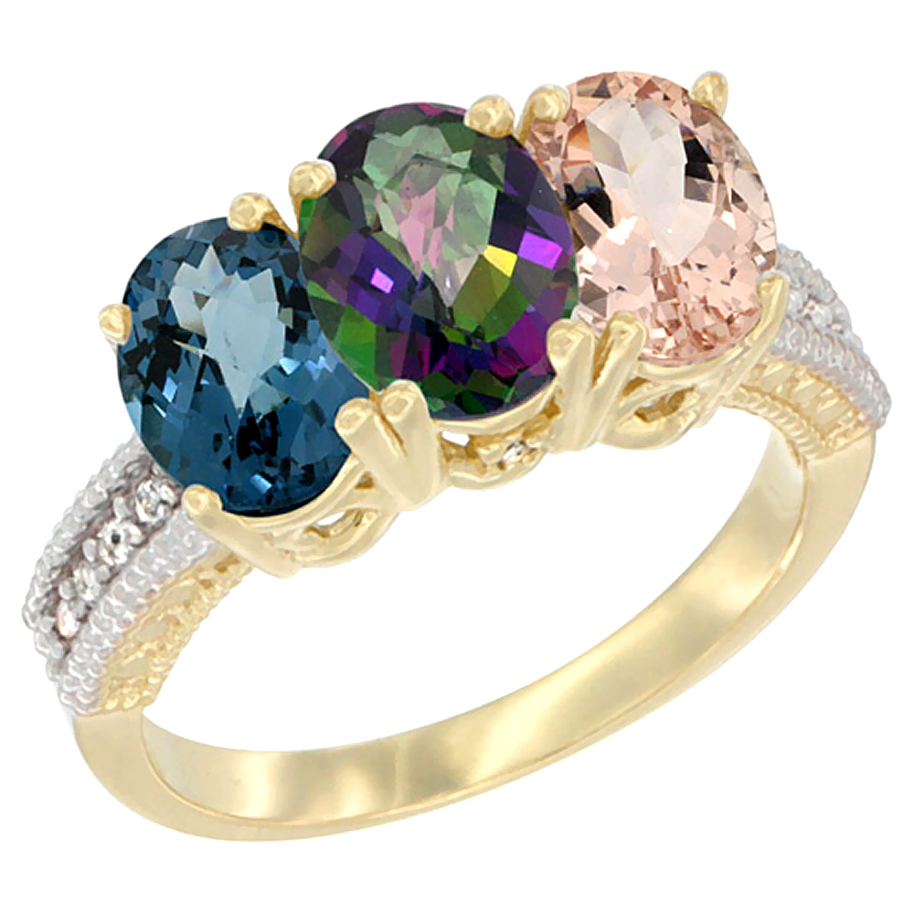 14K Yellow Gold Natural London Blue Topaz, Mystic Topaz &amp; Morganite Ring 3-Stone 7x5 mm Oval Diamond Accent, sizes 5 - 10