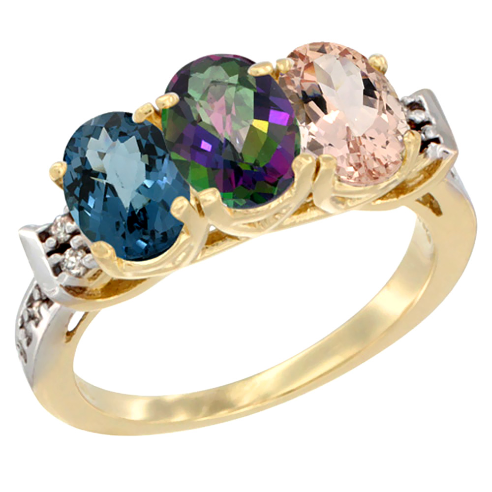 10K Yellow Gold Natural London Blue Topaz, Mystic Topaz & Morganite Ring 3-Stone Oval 7x5 mm Diamond Accent, sizes 5 - 10