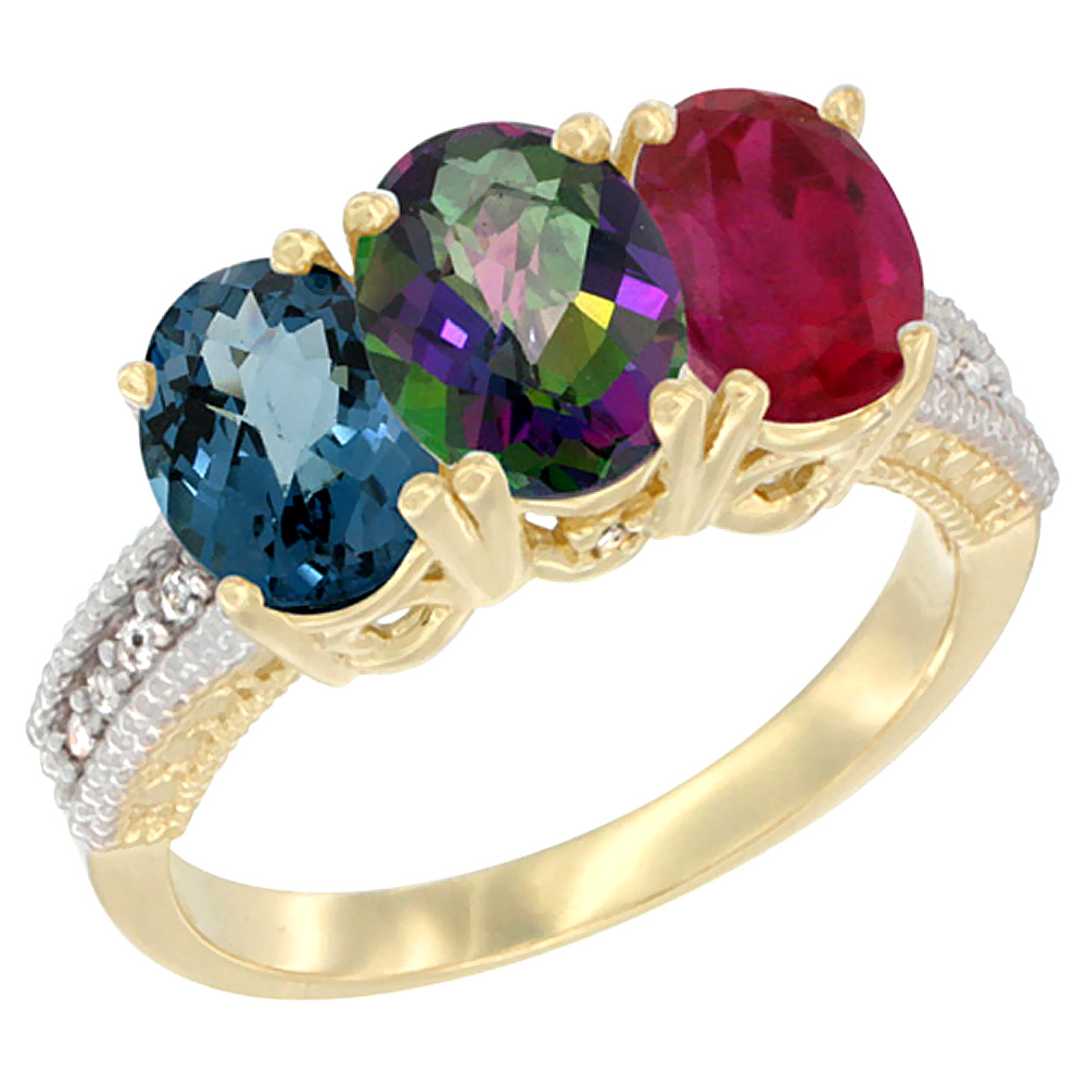 10K Yellow Gold Diamond Natural London Blue Topaz, Mystic Topaz & Ruby Ring 3-Stone Oval 7x5 mm, sizes 5 - 10