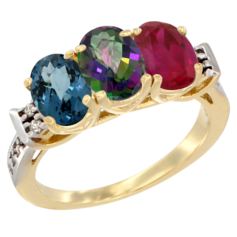 14K Yellow Gold Natural London Blue Topaz, Mystic Topaz &amp; Enhanced Ruby Ring 3-Stone 7x5 mm Oval Diamond Accent, sizes 5 - 10