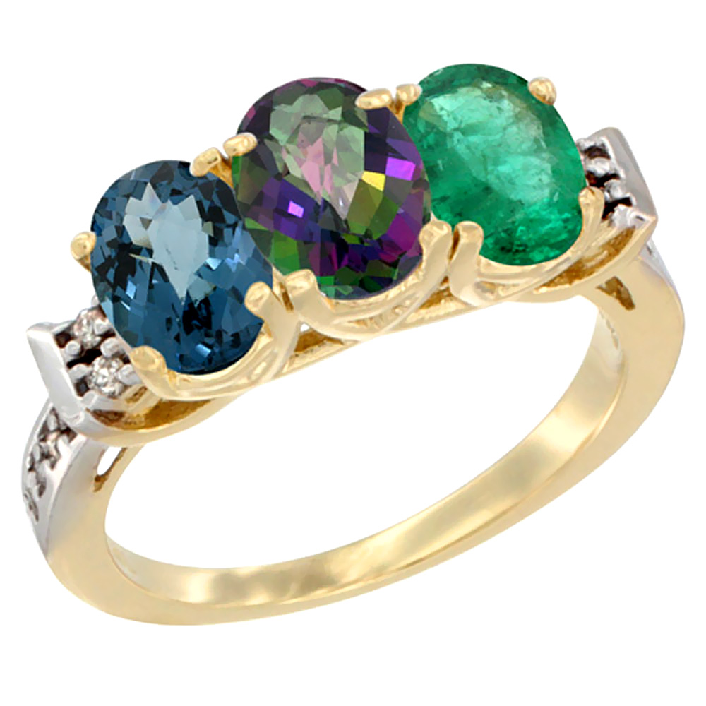 14K Yellow Gold Natural London Blue Topaz, Mystic Topaz & Emerald Ring 3-Stone 7x5 mm Oval Diamond Accent, sizes 5 - 10