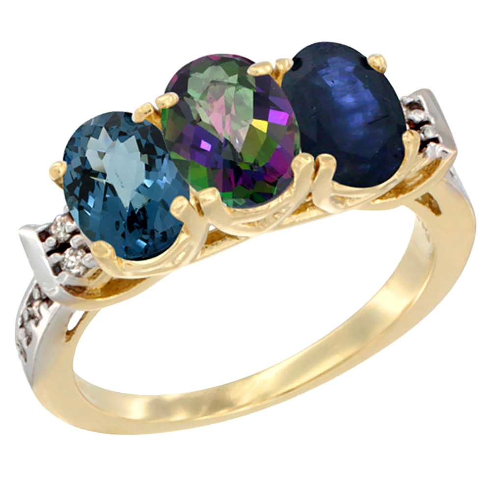 14K Yellow Gold Natural London Blue Topaz, Mystic Topaz &amp; Blue Sapphire Ring 3-Stone 7x5 mm Oval Diamond Accent, sizes 5 - 10