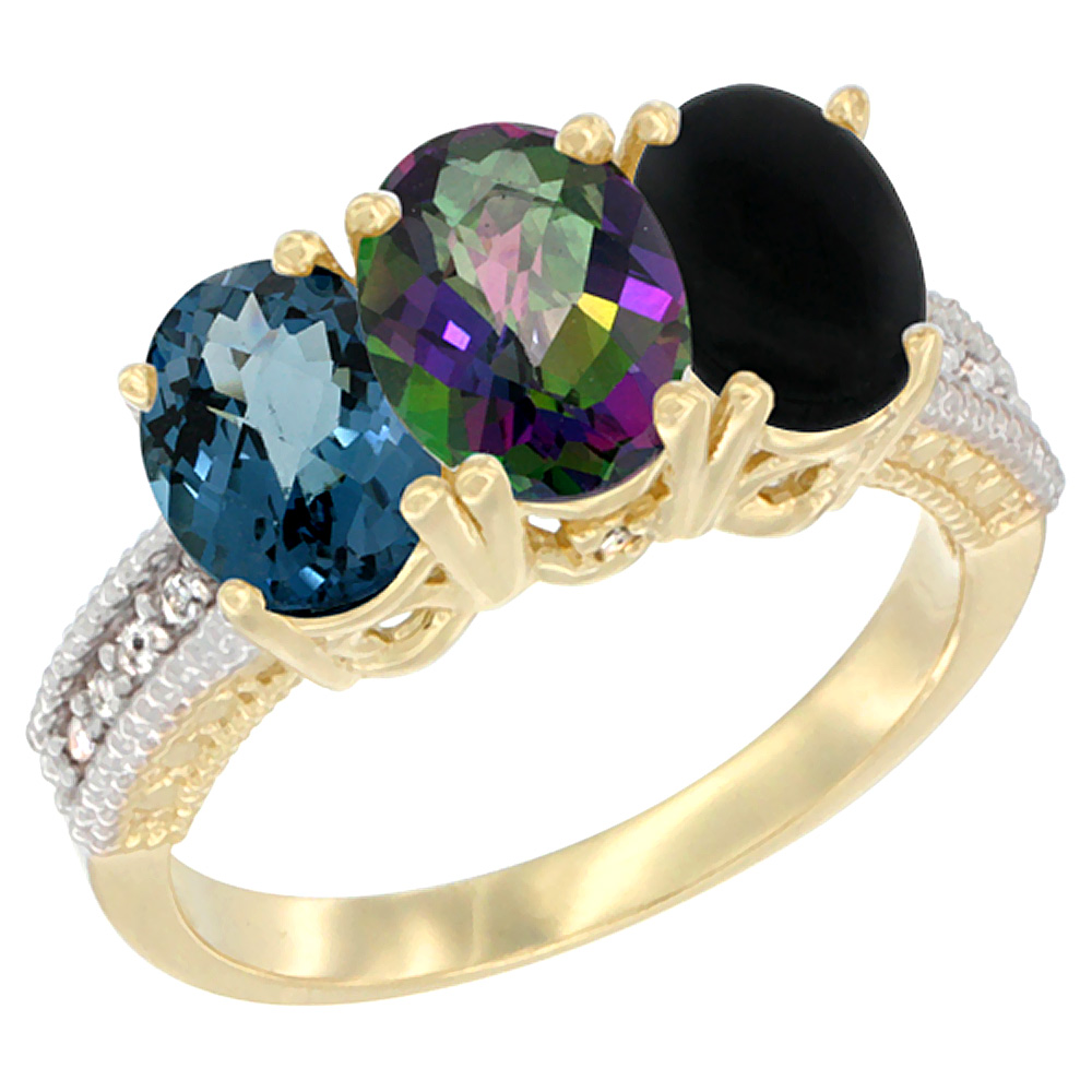 14K Yellow Gold Natural London Blue Topaz, Mystic Topaz &amp; Black Onyx Ring 3-Stone 7x5 mm Oval Diamond Accent, sizes 5 - 10