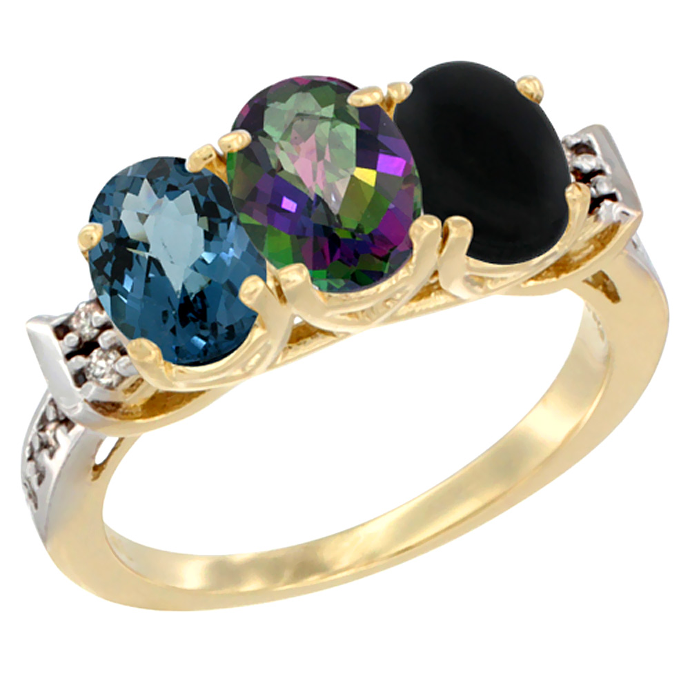 10K Yellow Gold Natural London Blue Topaz, Mystic Topaz & Black Onyx Ring 3-Stone Oval 7x5 mm Diamond Accent, sizes 5 - 10