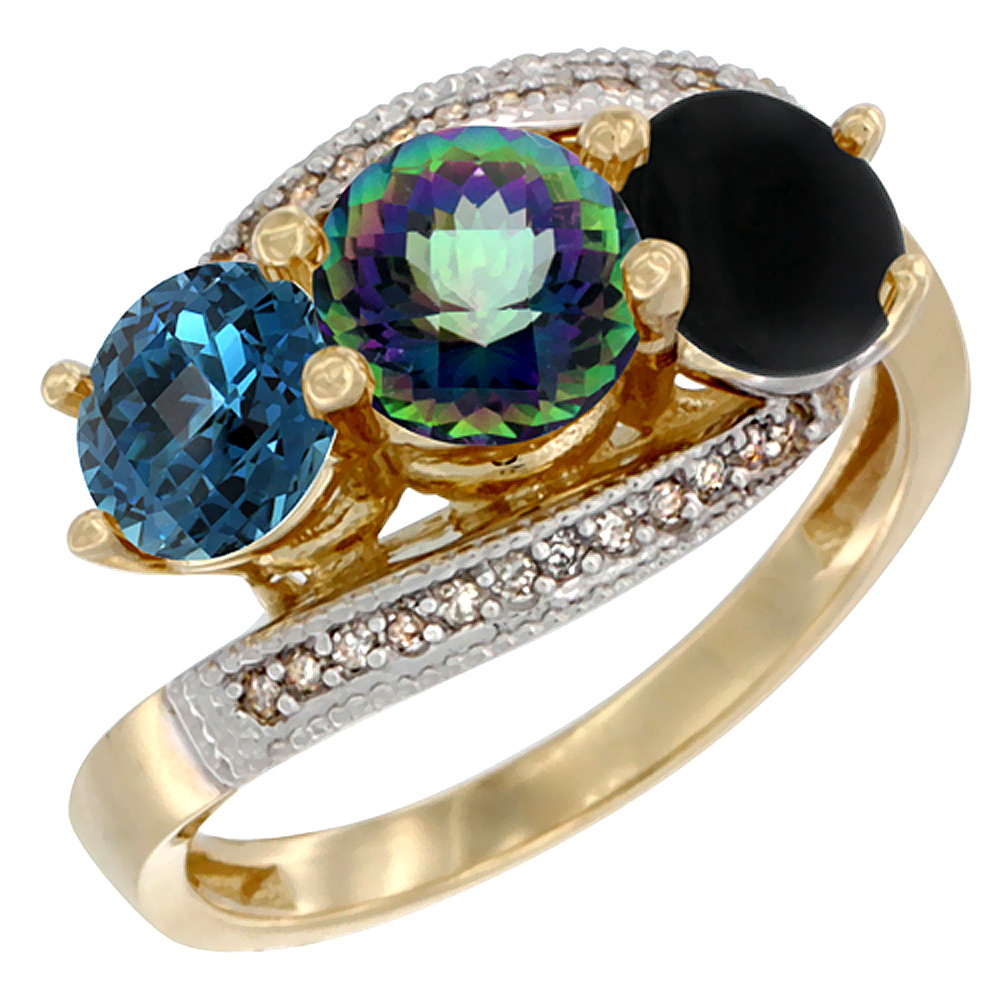 14K Yellow Gold Natural London Blue Topaz, Mystic Topaz & Black Onyx 3 stone Ring Round 6mm Diamond Accent, sizes 5 - 10