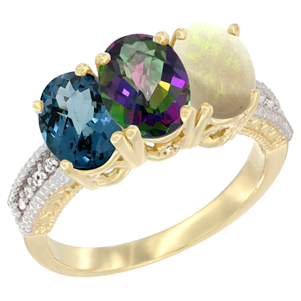 14K Yellow Gold Natural London Blue Topaz, Mystic Topaz &amp; Opal Ring 3-Stone 7x5 mm Oval Diamond Accent, sizes 5 - 10