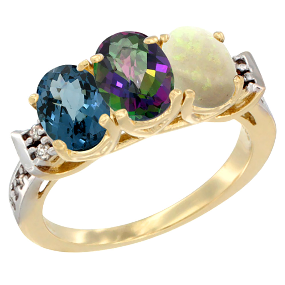 14K Yellow Gold Natural London Blue Topaz, Mystic Topaz & Opal Ring 3-Stone 7x5 mm Oval Diamond Accent, sizes 5 - 10