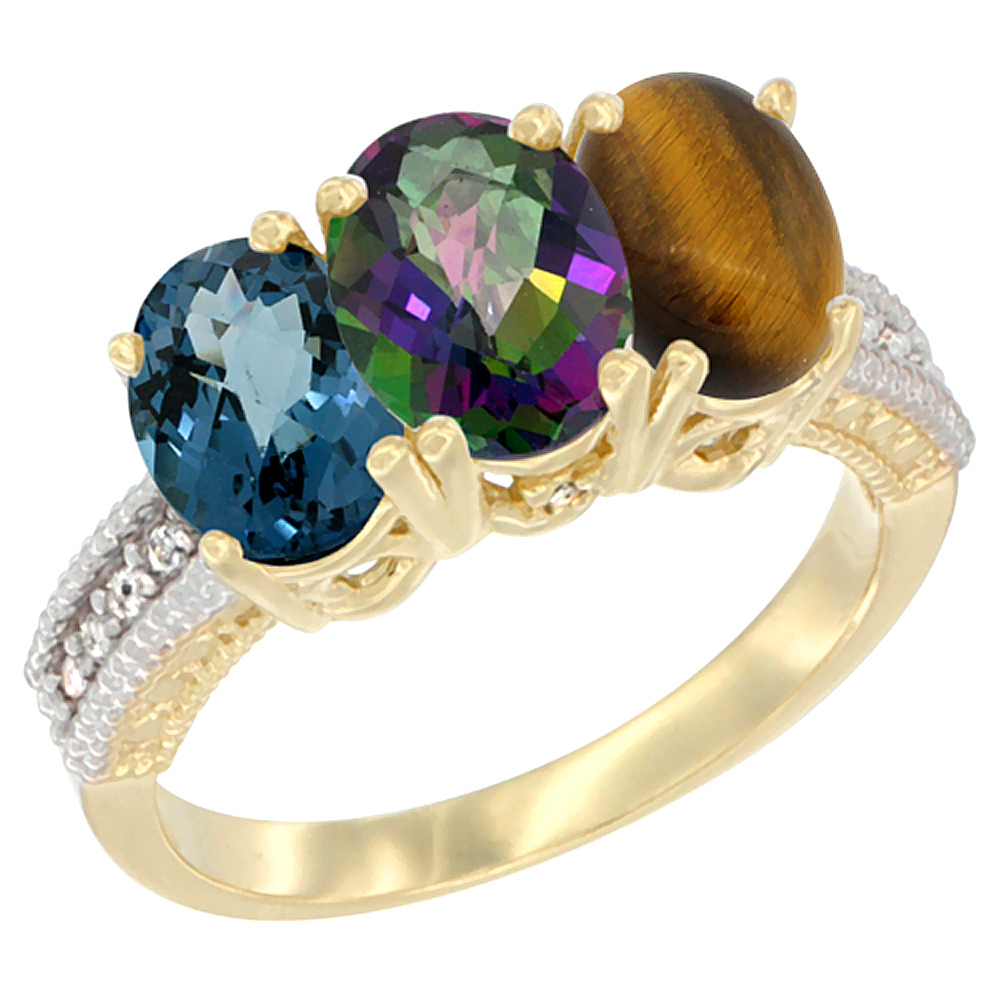 14K Yellow Gold Natural London Blue Topaz, Mystic Topaz & Tiger Eye Ring 3-Stone 7x5 mm Oval Diamond Accent, sizes 5 - 10