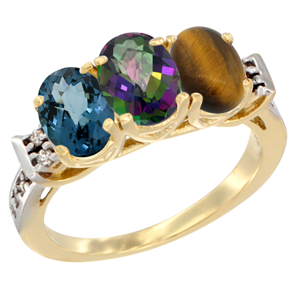 10K Yellow Gold Natural London Blue Topaz, Mystic Topaz & Tiger Eye Ring 3-Stone Oval 7x5 mm Diamond Accent, sizes 5 - 10