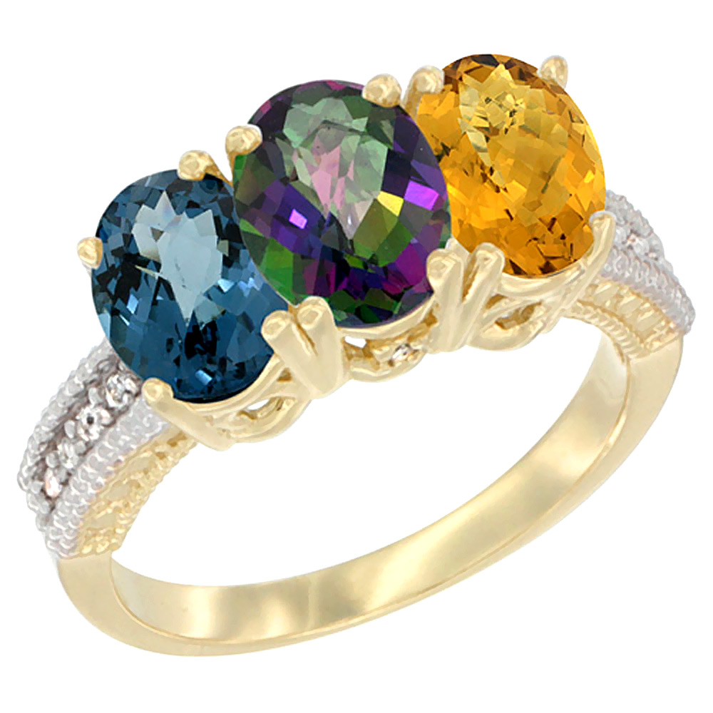 14K Yellow Gold Natural London Blue Topaz, Mystic Topaz &amp; Whisky Quartz Ring 3-Stone 7x5 mm Oval Diamond Accent, sizes 5 - 10