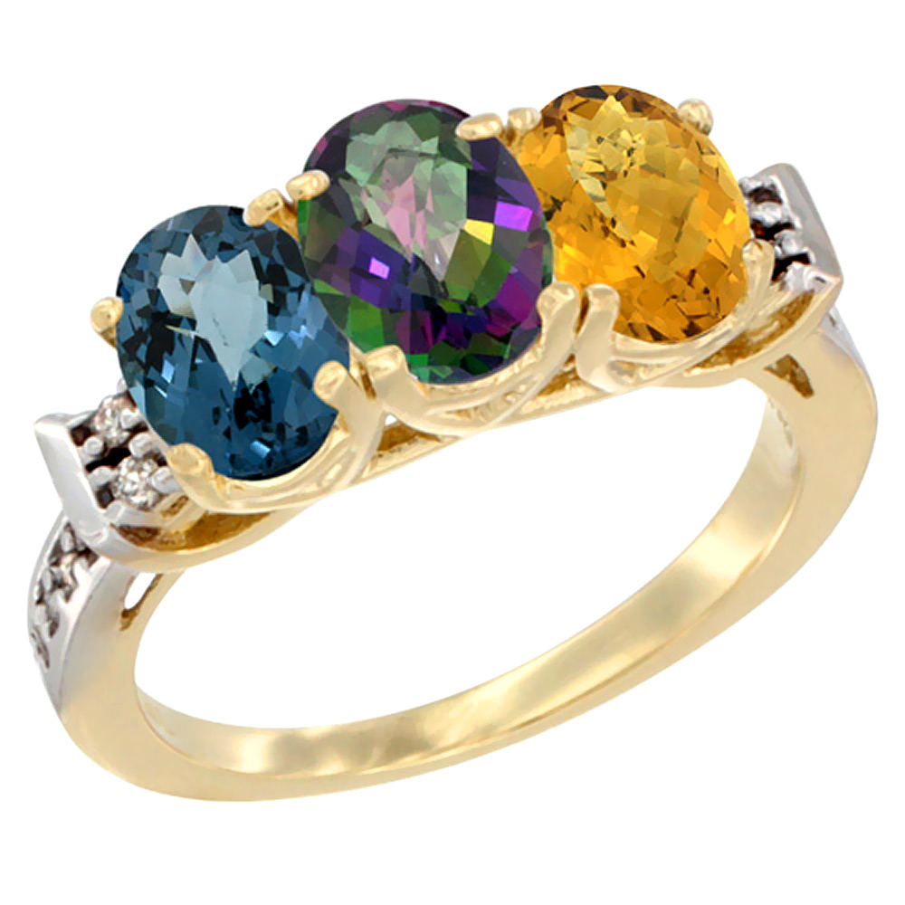 10K Yellow Gold Natural London Blue Topaz, Mystic Topaz & Whisky Quartz Ring 3-Stone Oval 7x5 mm Diamond Accent, sizes 5 - 10