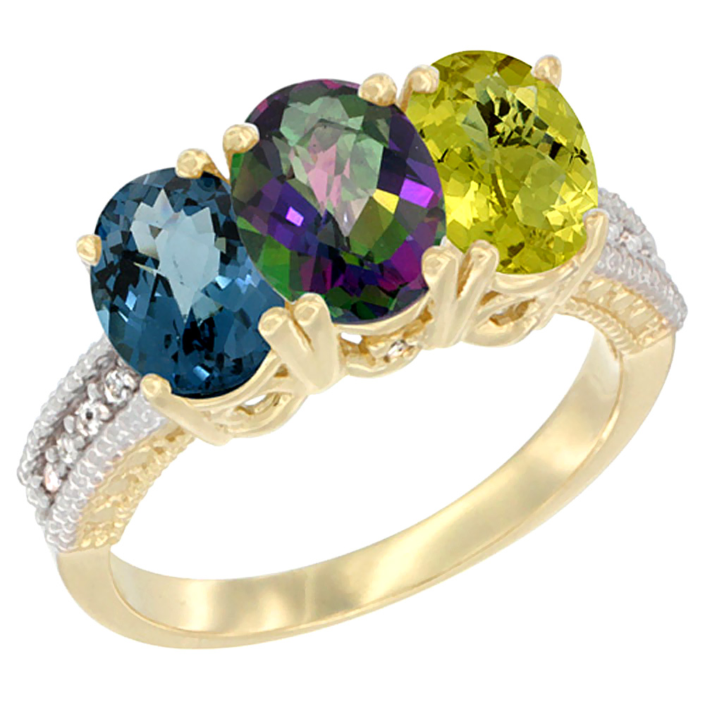 14K Yellow Gold Natural London Blue Topaz, Mystic Topaz & Lemon Quartz Ring 3-Stone 7x5 mm Oval Diamond Accent, sizes 5 - 10