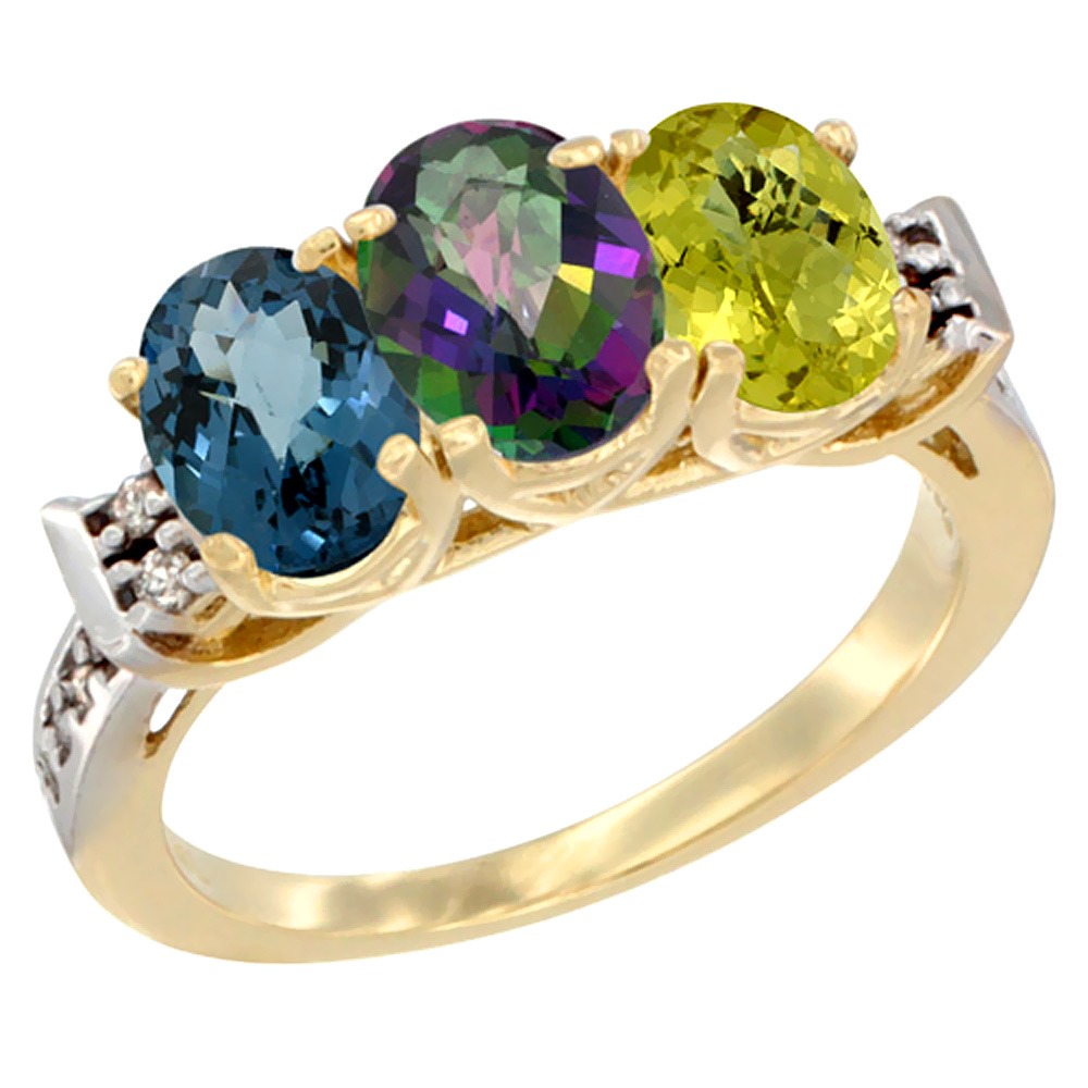 14K Yellow Gold Natural London Blue Topaz, Mystic Topaz & Lemon Quartz Ring 3-Stone 7x5 mm Oval Diamond Accent, sizes 5 - 10