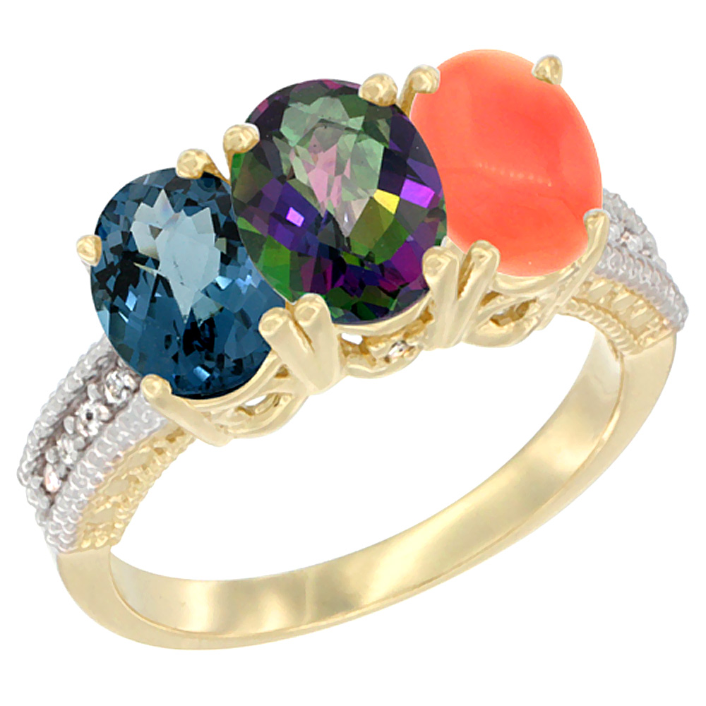 10K Yellow Gold Diamond Natural London Blue Topaz, Mystic Topaz & Coral Ring 3-Stone Oval 7x5 mm, sizes 5 - 10