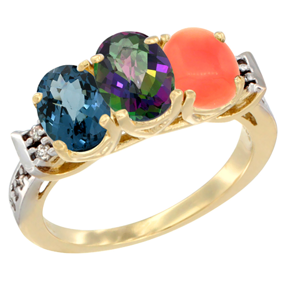 14K Yellow Gold Natural London Blue Topaz, Mystic Topaz & Coral Ring 3-Stone 7x5 mm Oval Diamond Accent, sizes 5 - 10