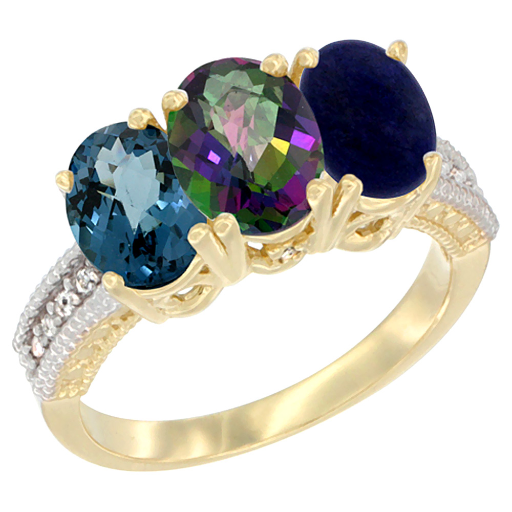 10K Yellow Gold Diamond Natural London Blue Topaz, Mystic Topaz & Lapis Ring 3-Stone Oval 7x5 mm, sizes 5 - 10