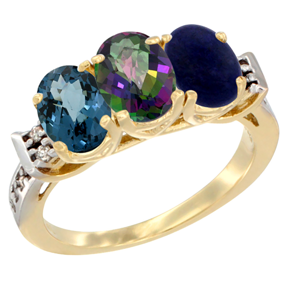 10K Yellow Gold Natural London Blue Topaz, Mystic Topaz & Lapis Ring 3-Stone Oval 7x5 mm Diamond Accent, sizes 5 - 10