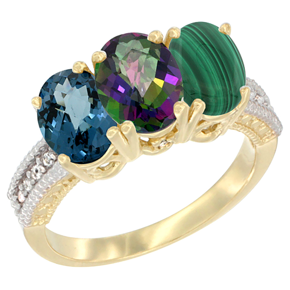 14K Yellow Gold Natural London Blue Topaz, Mystic Topaz &amp; Malachite Ring 3-Stone 7x5 mm Oval Diamond Accent, sizes 5 - 10