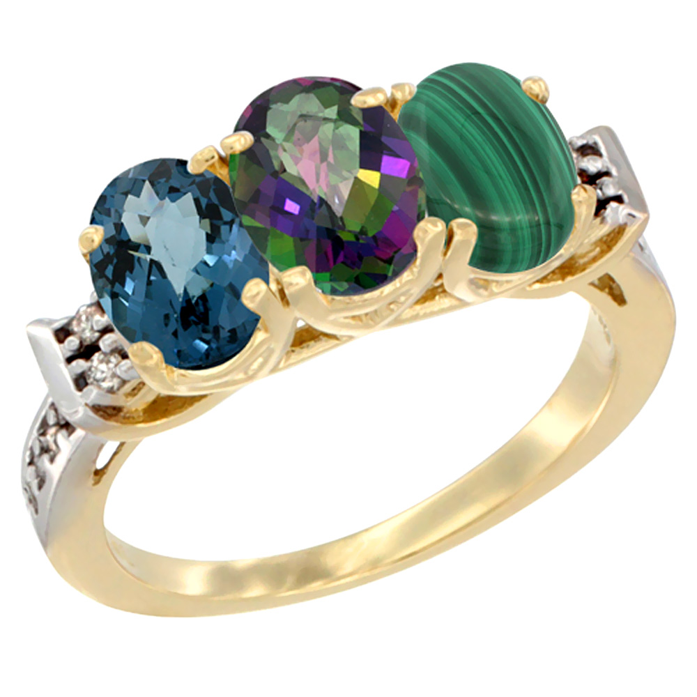 14K Yellow Gold Natural London Blue Topaz, Mystic Topaz &amp; Malachite Ring 3-Stone 7x5 mm Oval Diamond Accent, sizes 5 - 10