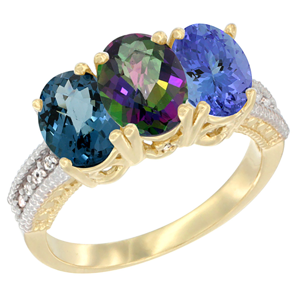 14K Yellow Gold Natural London Blue Topaz, Mystic Topaz & Tanzanite Ring 3-Stone 7x5 mm Oval Diamond Accent, sizes 5 - 10