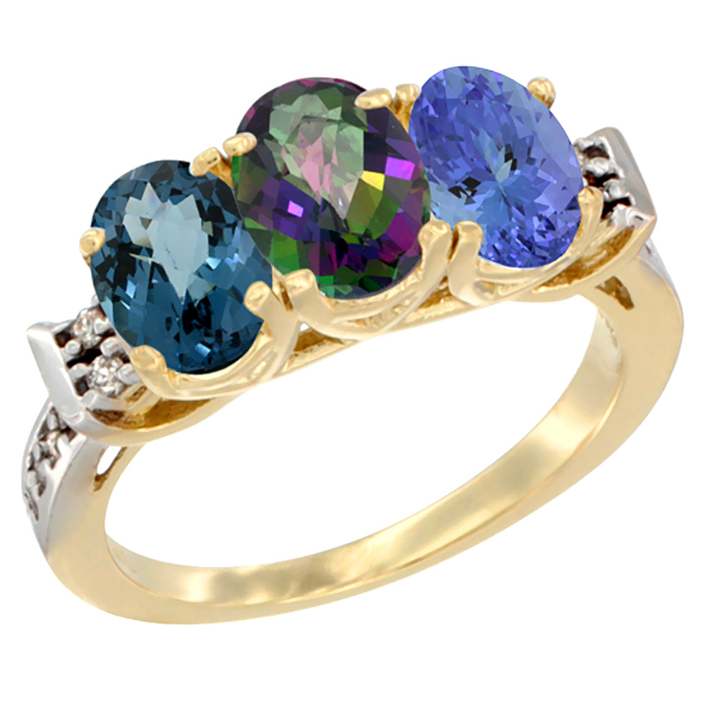 10K Yellow Gold Natural London Blue Topaz, Mystic Topaz & Tanzanite Ring 3-Stone Oval 7x5 mm Diamond Accent, sizes 5 - 10