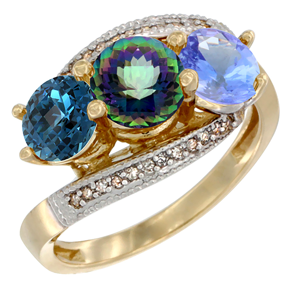 14K Yellow Gold Natural London Blue Topaz, Mystic Topaz &amp; Tanzanite 3 stone Ring Round 6mm Diamond Accent, sizes 5 - 10