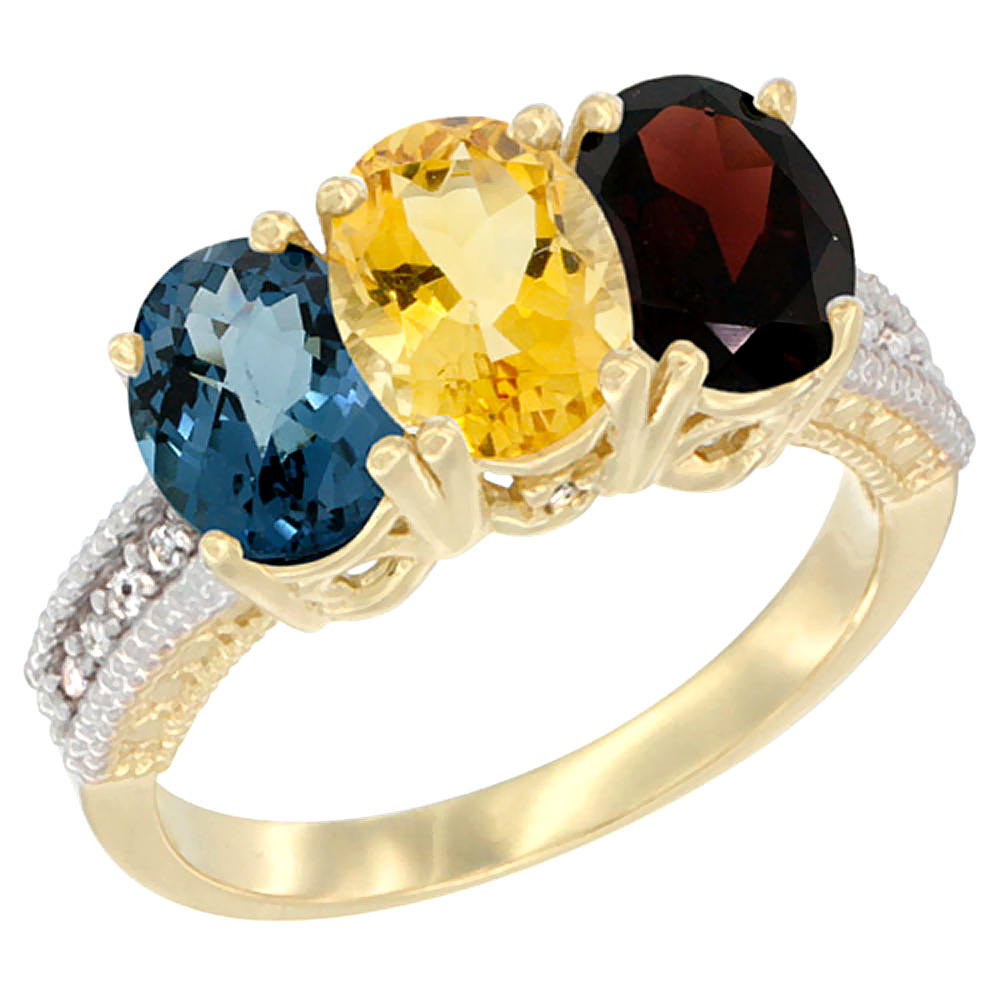 14K Yellow Gold Natural London Blue Topaz, Citrine &amp; Garnet Ring 3-Stone 7x5 mm Oval Diamond Accent, sizes 5 - 10