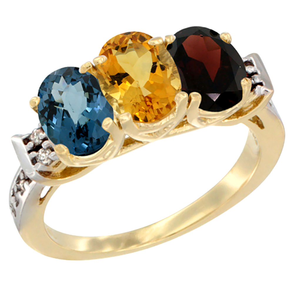 14K Yellow Gold Natural London Blue Topaz, Citrine & Garnet Ring 3-Stone 7x5 mm Oval Diamond Accent, sizes 5 - 10