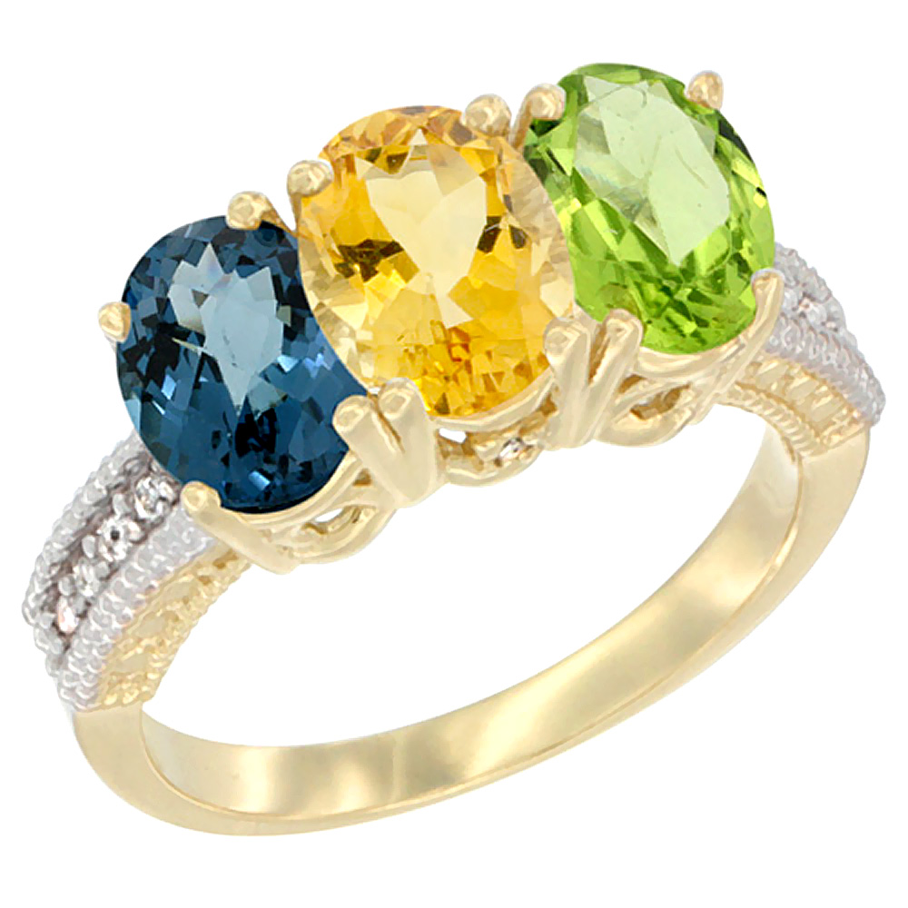 14K Yellow Gold Natural London Blue Topaz, Citrine &amp; Peridot Ring 3-Stone 7x5 mm Oval Diamond Accent, sizes 5 - 10