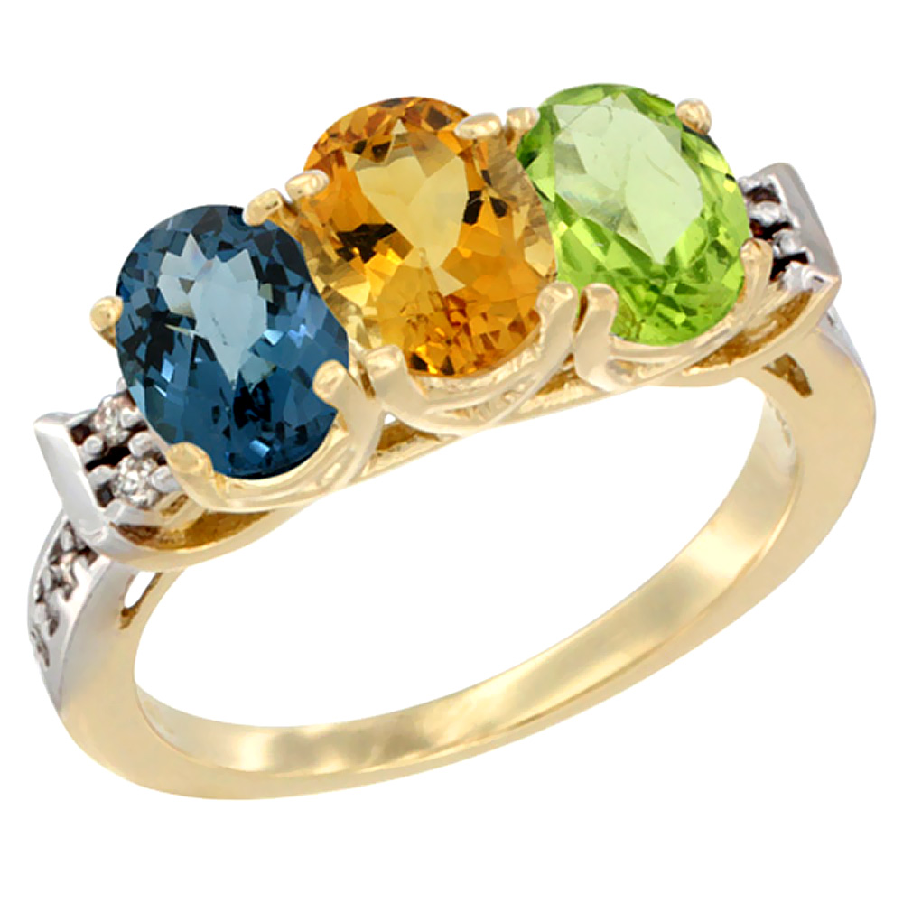 10K Yellow Gold Natural London Blue Topaz, Citrine & Peridot Ring 3-Stone Oval 7x5 mm Diamond Accent, sizes 5 - 10