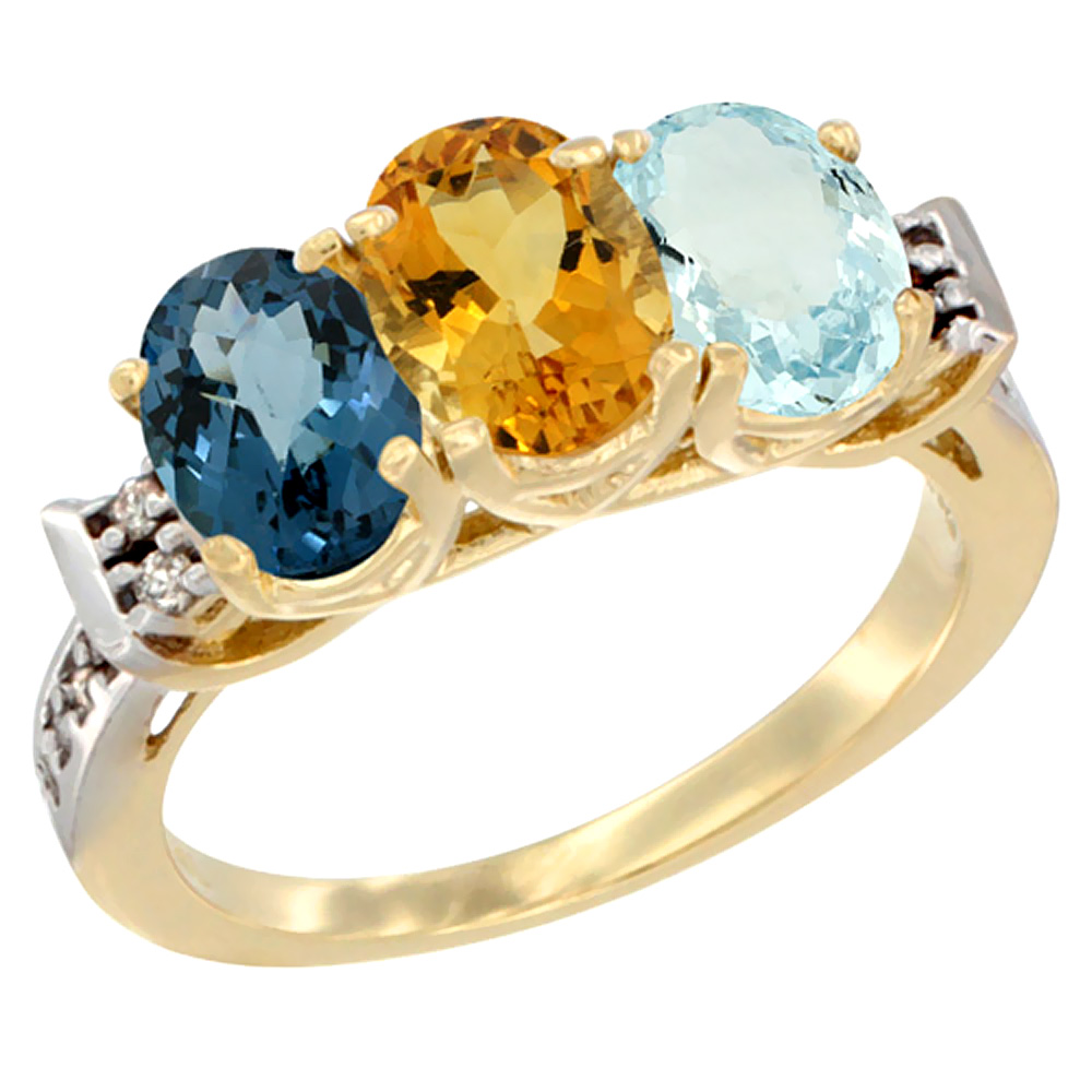 14K Yellow Gold Natural London Blue Topaz, Citrine & Aquamarine Ring 3-Stone 7x5 mm Oval Diamond Accent, sizes 5 - 10