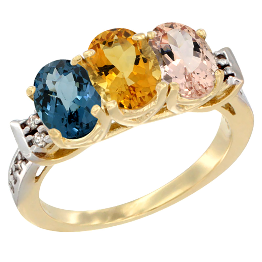 10K Yellow Gold Natural London Blue Topaz, Citrine & Morganite Ring 3-Stone Oval 7x5 mm Diamond Accent, sizes 5 - 10