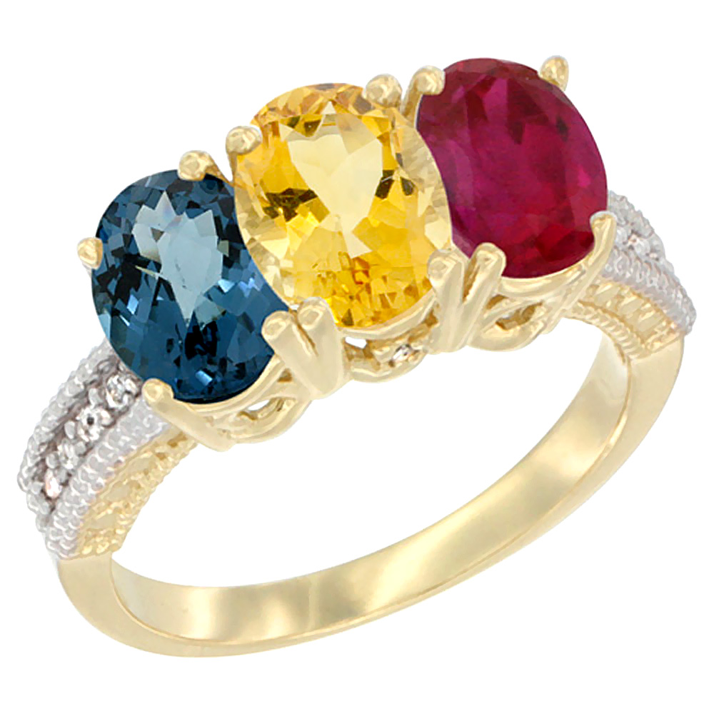 10K Yellow Gold Diamond Natural London Blue Topaz, Citrine & Ruby Ring 3-Stone Oval 7x5 mm, sizes 5 - 10