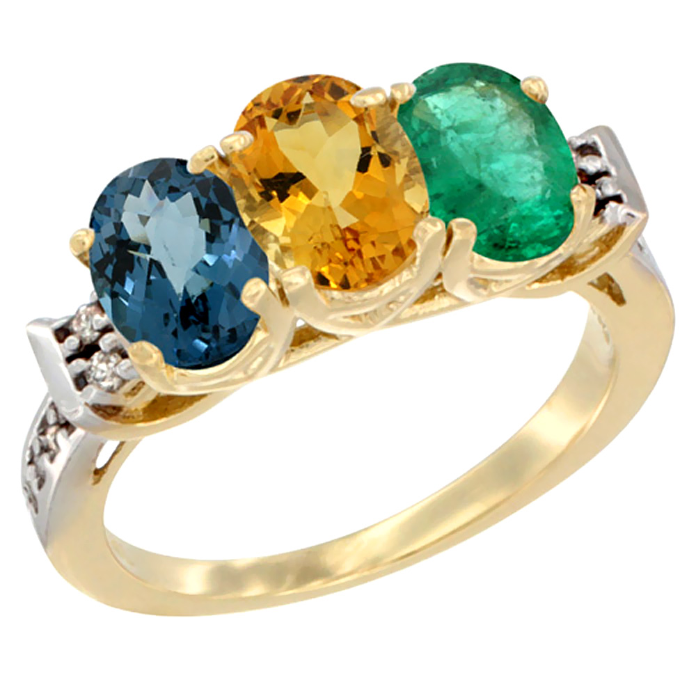 14K Yellow Gold Natural London Blue Topaz, Citrine &amp; Emerald Ring 3-Stone 7x5 mm Oval Diamond Accent, sizes 5 - 10