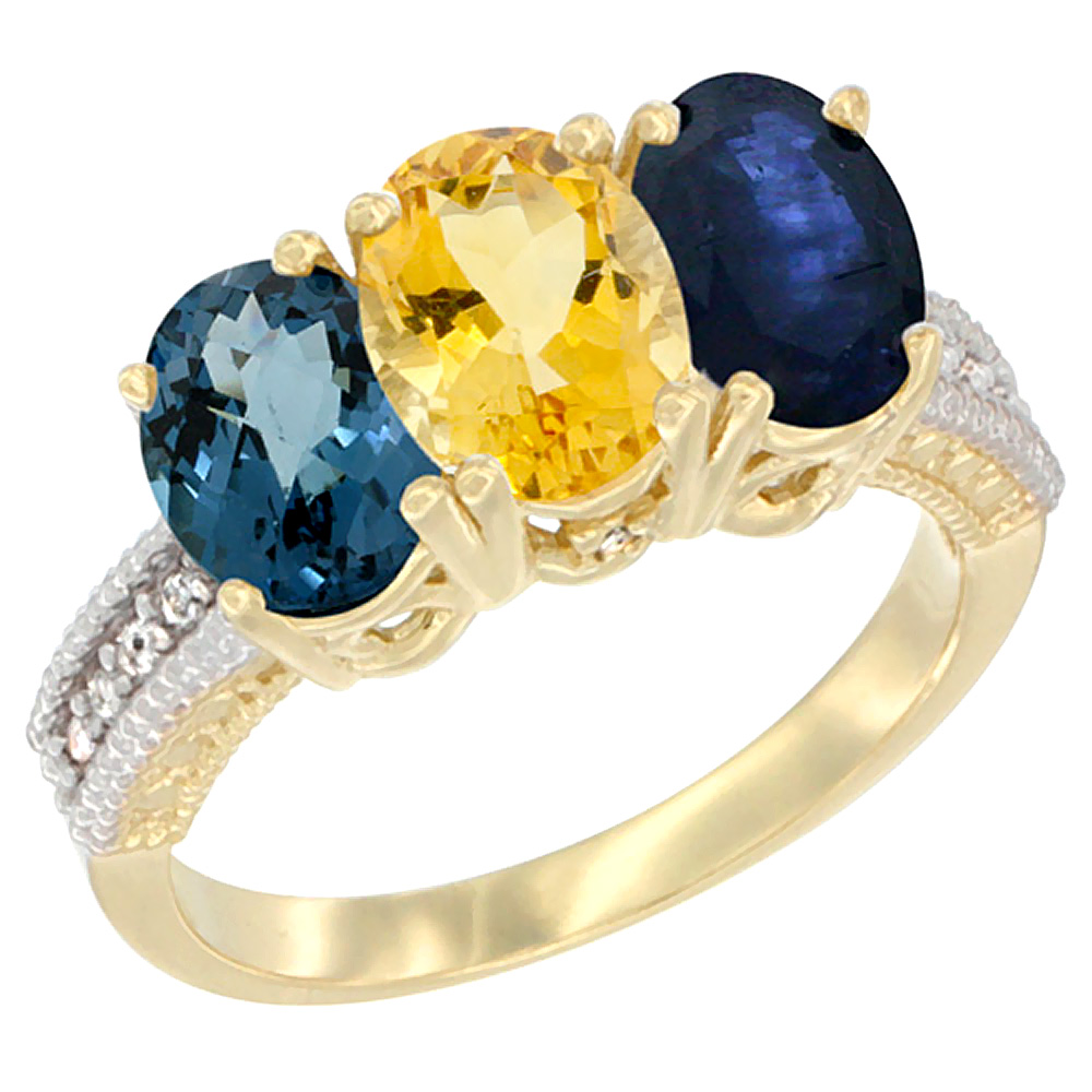 10K Yellow Gold Diamond Natural London Blue Topaz, Citrine & Blue Sapphire Ring 3-Stone Oval 7x5 mm, sizes 5 - 10