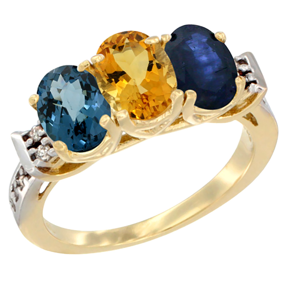 10K Yellow Gold Natural London Blue Topaz, Citrine &amp; Blue Sapphire Ring 3-Stone Oval 7x5 mm Diamond Accent, sizes 5 - 10