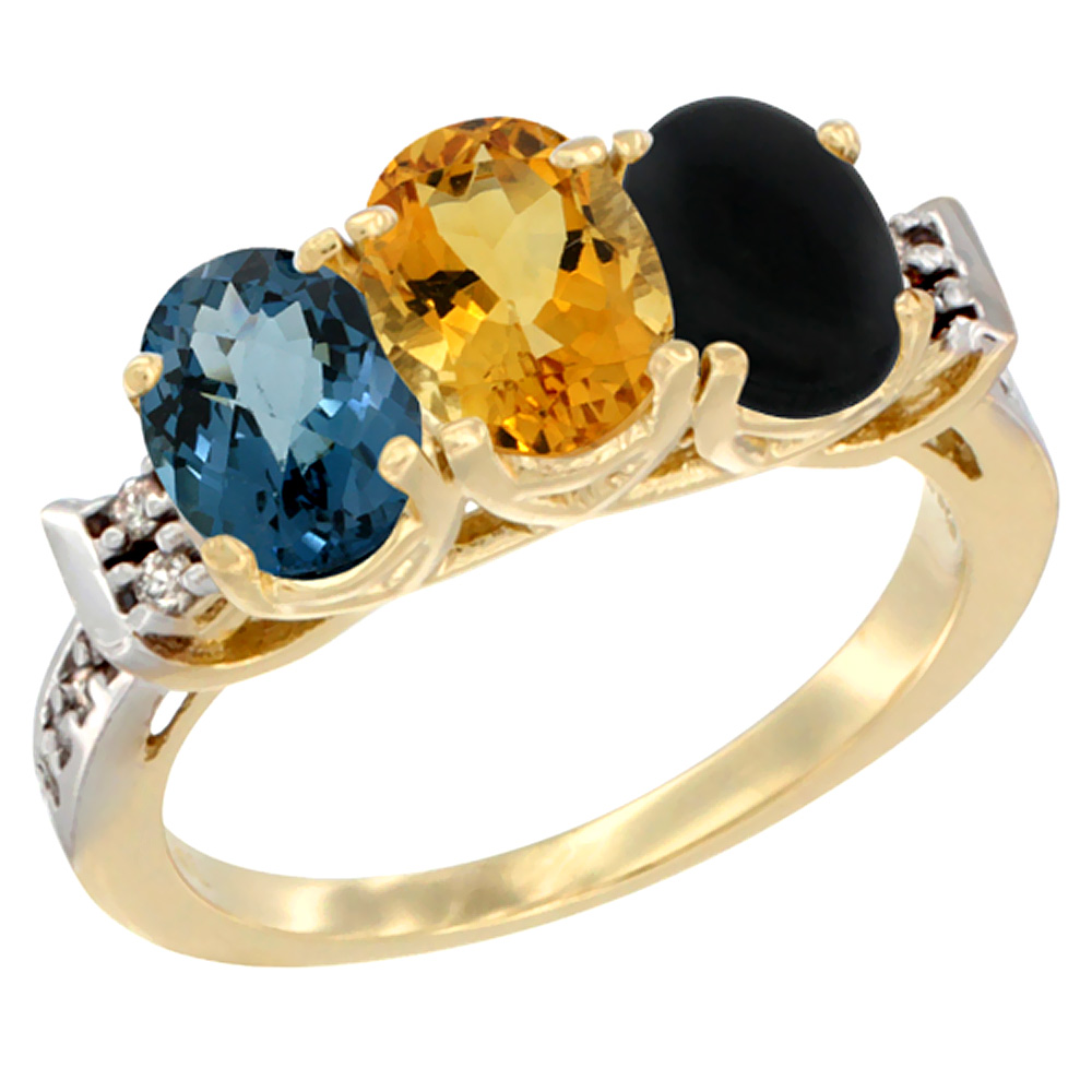 10K Yellow Gold Natural London Blue Topaz, Citrine & Black Onyx Ring 3-Stone Oval 7x5 mm Diamond Accent, sizes 5 - 10