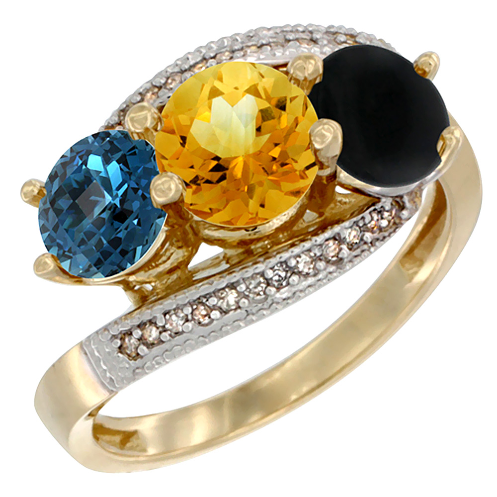 10K Yellow Gold Natural London Blue Topaz, Citrine & Black Onyx 3 stone Ring Round 6mm Diamond Accent, sizes 5 - 10