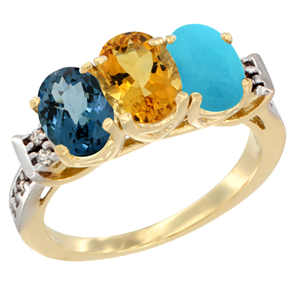 10K Yellow Gold Natural London Blue Topaz, Citrine & Turquoise Ring 3-Stone Oval 7x5 mm Diamond Accent, sizes 5 - 10