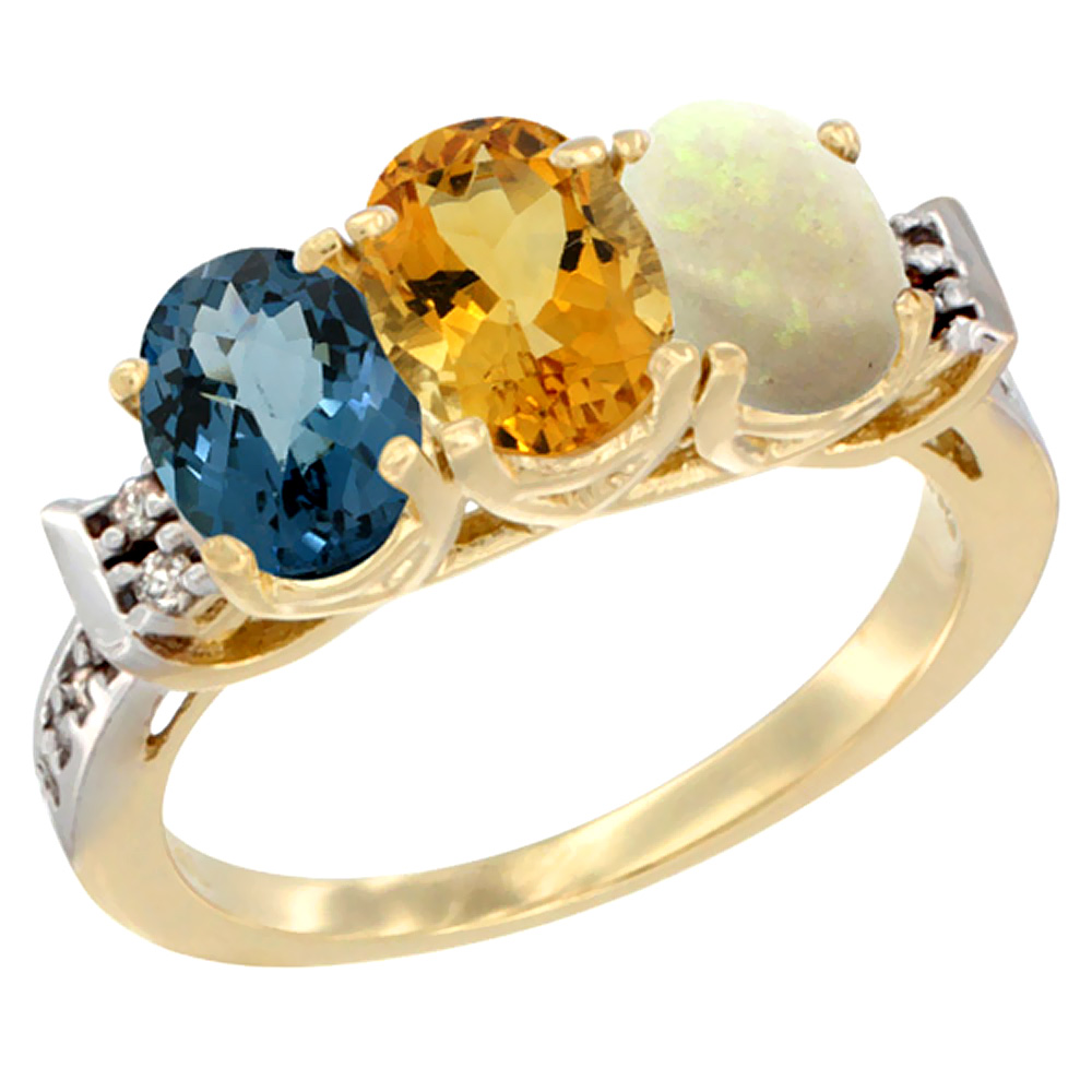 10K Yellow Gold Natural London Blue Topaz, Citrine & Opal Ring 3-Stone Oval 7x5 mm Diamond Accent, sizes 5 - 10