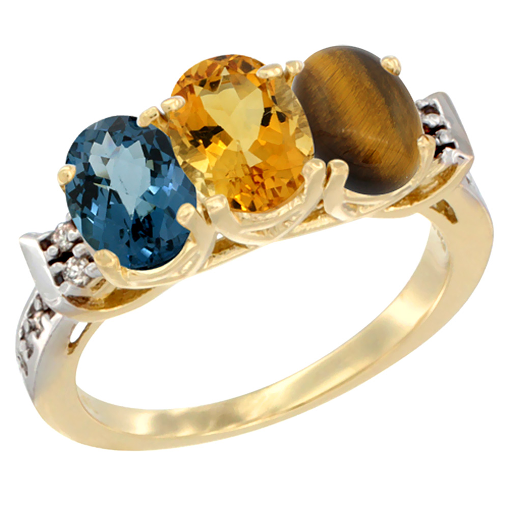 14K Yellow Gold Natural London Blue Topaz, Citrine & Tiger Eye Ring 3-Stone 7x5 mm Oval Diamond Accent, sizes 5 - 10