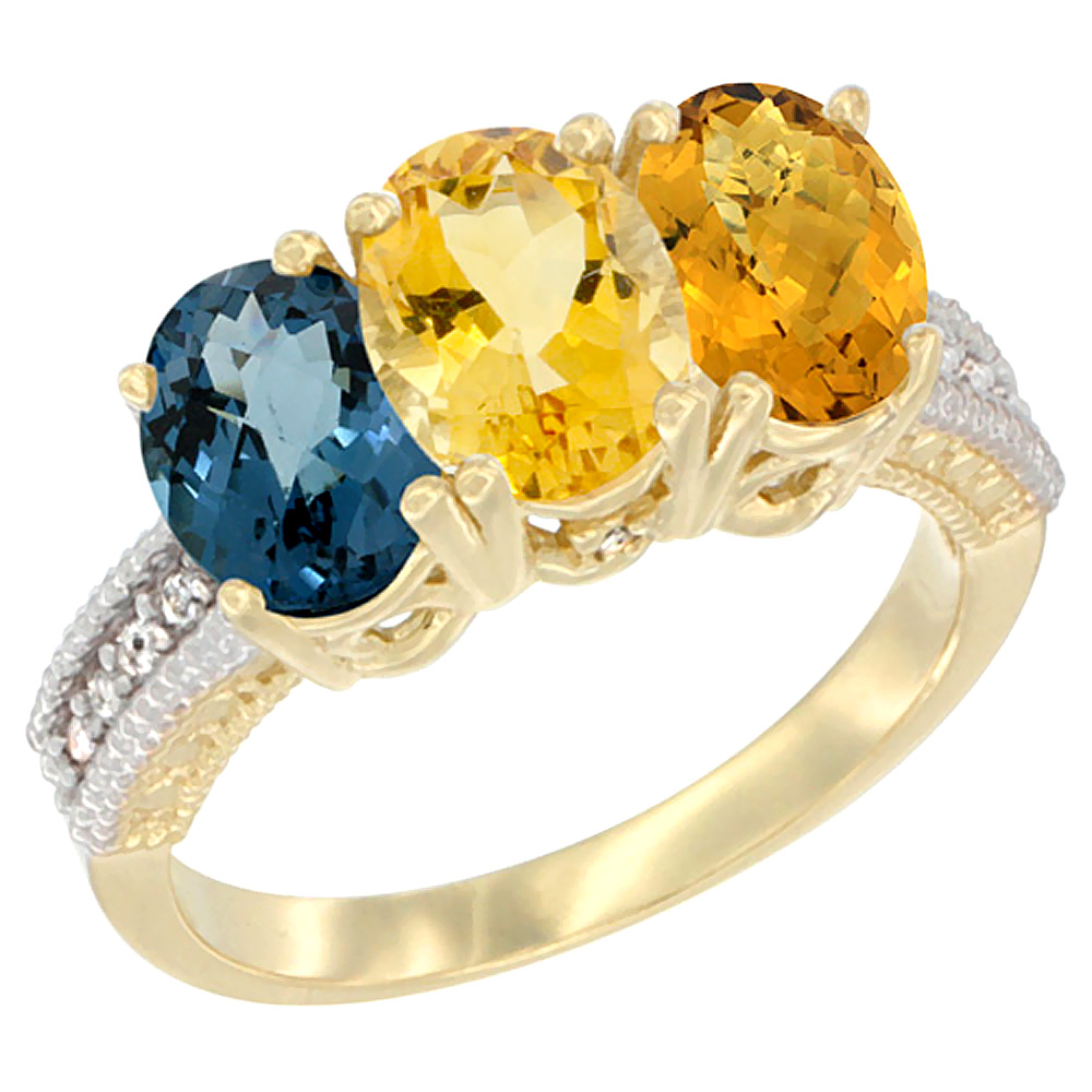 14K Yellow Gold Natural London Blue Topaz, Citrine & Whisky Quartz Ring 3-Stone 7x5 mm Oval Diamond Accent, sizes 5 - 10